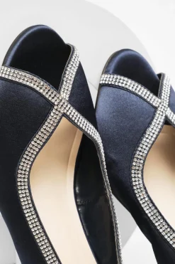 Quiz Satin Diamante Low Heeled Slingback Heels Navy Best