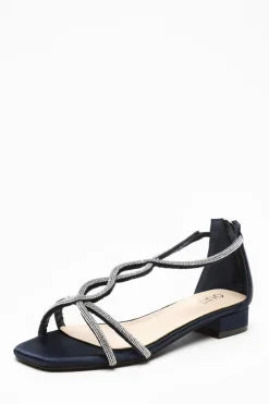 Quiz Satin Diamante T-Strap Flat Sandals Navy Best