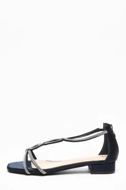 Quiz Satin Diamante T-Strap Flat Sandals Navy Best