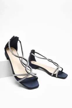 Quiz Satin Diamante T-Strap Flat Sandals Navy Best