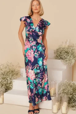 Quiz Navy Satin Floral Maxi Dress