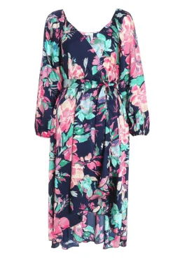 Quiz Navy Satin Floral Wrap Dip Hem Midi Dress Clearance