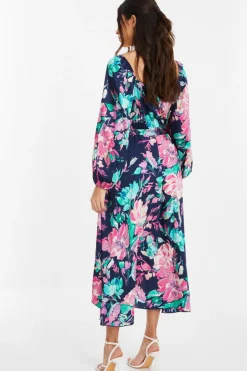 Quiz Navy Satin Floral Wrap Dip Hem Midi Dress Clearance