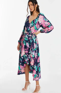 Quiz Navy Satin Floral Wrap Dip Hem Midi Dress Clearance