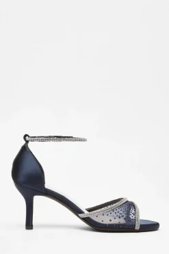 Quiz Satin Mesh Diamante Heeled Sandal Navy Sale