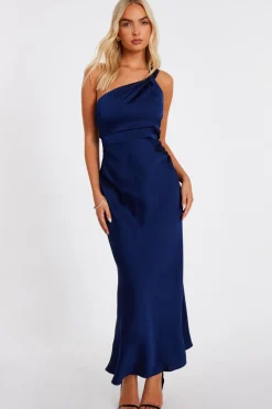 Quiz Satin One Shoulder Midaxi Dress Navy Discount