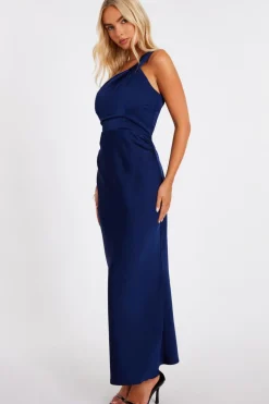 Quiz Satin One Shoulder Midaxi Dress Navy Discount