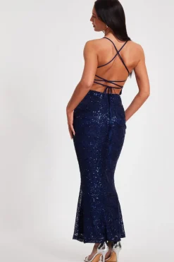 Quiz Navy Sequin Fishtail Maxi Dress Outlet