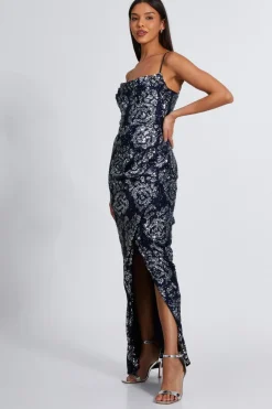 Quiz Navy Sequin Floral Maxi Dress Hot