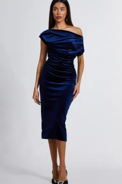 Quiz Navy Velvet One Shoulder Midaxi Dress Hot