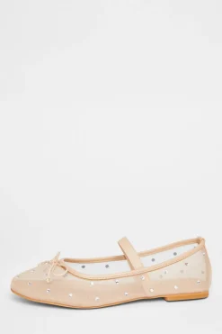 Quiz Mesh Diamante Bow Pumps Nude New