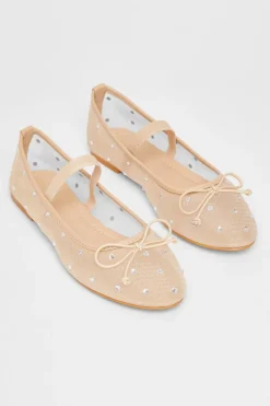 Quiz Mesh Diamante Bow Pumps Nude New