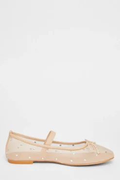 Quiz Mesh Diamante Bow Pumps Nude New