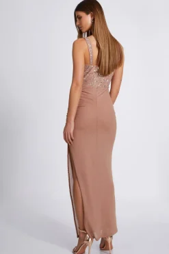 Quiz Nude Rhinestone Split Leg Maxi Dress Clearance