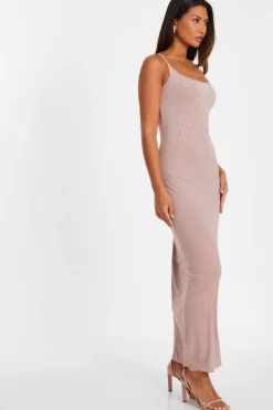 Quiz Nude Rhinestone Square Neck Maxi Dress New