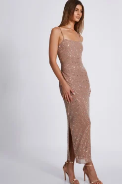 Quiz Square Neck Embellished Maxi Dress Nude Discount