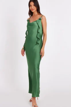 Quiz Satin Corsage Midaxi Dress Olive Discount