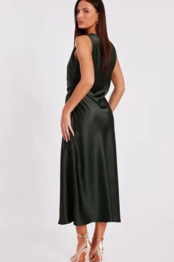 Quiz Satin Ruched Midi Dress Olive Outlet