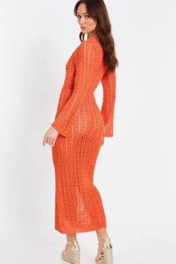 Quiz Crochet Maxi Dress Orange Hot