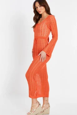Quiz Crochet Maxi Dress Orange Hot