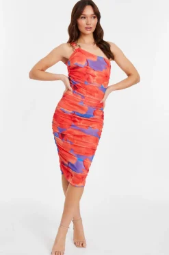 Quiz Orange Floral Mesh Bodycon Midi Dress New