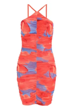 Quiz Orange Floral Mesh Bodycon Mini Dress Clearance