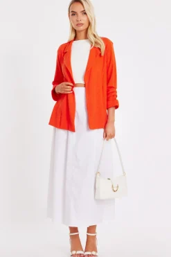 Quiz Textured Ruched Sleeve Blazer Orange Outlet