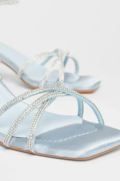Quiz Diamante Strap Block Heels Pale Blue Outlet