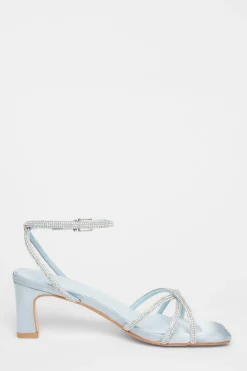 Quiz Diamante Strap Block Heels Pale Blue Outlet