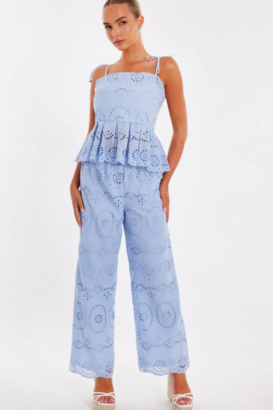 Quiz Pale Blue Embroidered Peplum Top Clearance
