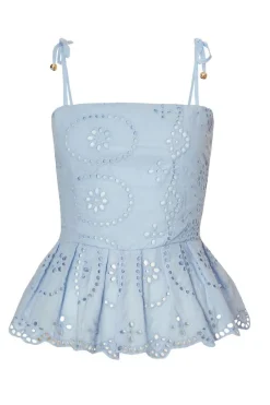 Quiz Pale Blue Embroidered Peplum Top Clearance