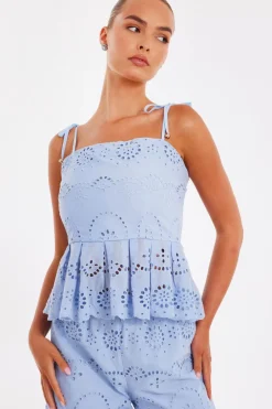 Quiz Pale Blue Embroidered Peplum Top Clearance