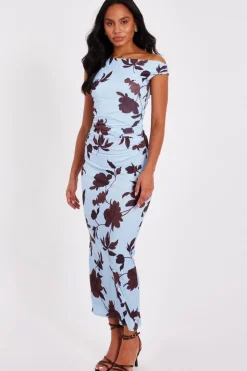 Quiz Pale Blue Floral Asymmetric Midaxi Dress Online