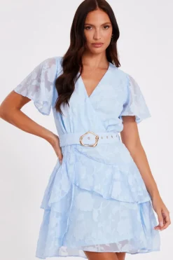 Quiz Frill Belted Skater Dress Pale Blue Clearance