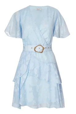 Quiz Frill Belted Skater Dress Pale Blue Clearance