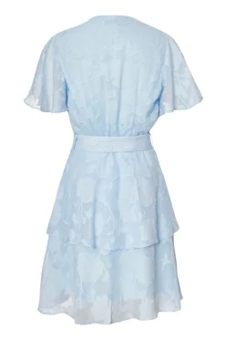 Quiz Frill Belted Skater Dress Pale Blue Clearance