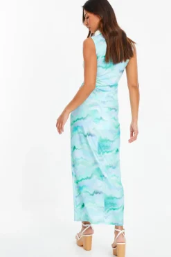 Quiz Pale Blue Marble Print Ruched Midi Skirt Clearance