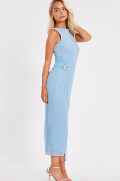 Quiz Mesh Buckle Midaxi Dress Pale Blue Discount