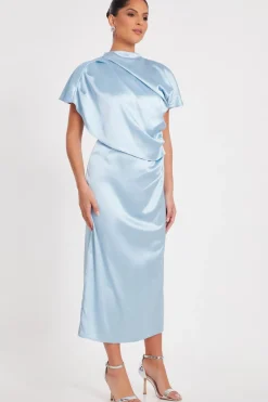 Quiz Pale Blue Satin Midi Dress Clearance