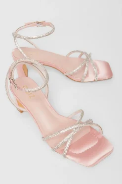 Quiz Diamante Strap Block Heels Pale Pink Clearance