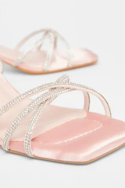 Quiz Diamante Strap Block Heels Pale Pink Clearance