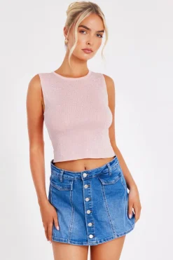 Quiz Knit Diamante Crop Top Pale Pink