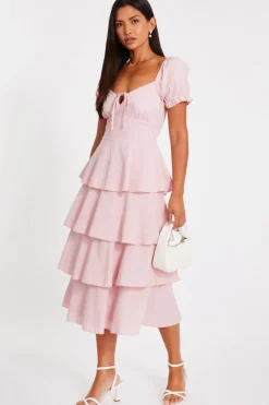 Quiz Pale Pink Tiered Midi Dress Discount