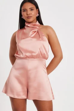 Quiz Satin Asymmetric Playsuit Peach Online