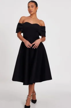 Quiz Petite Black Bardot Midi Skater Dress New