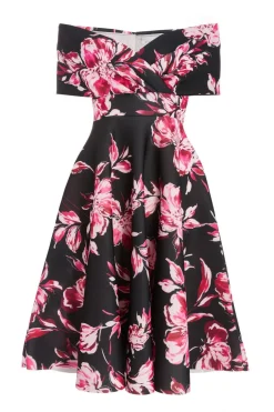 Quiz Petite Black Floral Bardot Skater Midi Dress Outlet