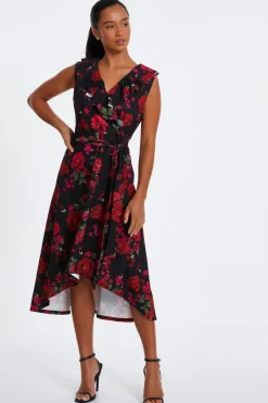Quiz Petite Black Floral Dip Hem Midi Dress
