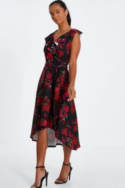 Quiz Petite Black Floral Dip Hem Midi Dress