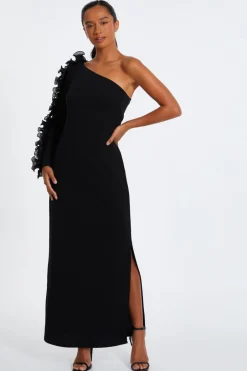 Quiz Petite Black Frill One Shoulder Maxi Dress Outlet