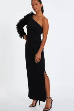 Quiz Petite Black Frill One Shoulder Maxi Dress Outlet